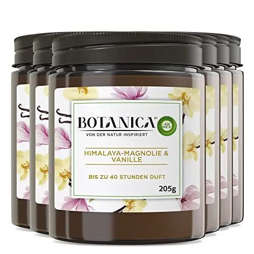 Produktbild: Botanica by Air Wick Duftkerze – Duft: Himalaya-Magnolie & Vanille – Nachhaltig hergestellt mit natürlichen Inhaltsstoffen – 6 x Kerze im Glas