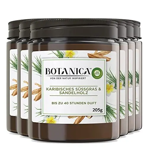 Produktbild: Botanica by Air Wick 6x Duftkerze im Glas - Bis zu 40 Stunden pro Kerze - Duft: Süßgras und Sandelholz - Nachhaltig hergestellt mit natürlichen Inhaltsstoffen - 6x205g Kerze im Glas