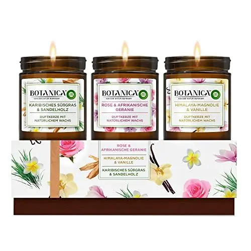 Produktbild: Botanica by Air Wick Duftkerzen Geschenkset – 3 verschiedene Düfte – Bis zu 40 Stunden pro Kerze - 3 x Kerze im Glas – In schöner Geschenkbox - mit natürlichen Inhaltsstoffen