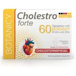 Produktbild: BOTANICY Cholestro Forte mit BERGAVIT® - Cholesterin Natürlich Senken - Bergamotte Extrakt, Vitamin A, C und E, Zink, Selen & Cholin - Hormonfrei, Vegan - 60 Tabletten