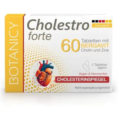 Produktbild: BOTANICY Cholestro Forte mit BERGAVIT® - Cholesterin Natürlich Senken - Bergamotte Extrakt, Vitamin A, C und E, Zink, Selen & Cholin - Hormonfrei, Vegan - 60 Tabletten