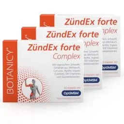 Produktbild: BOTANICY Zündex Forte Complex 3er Pack - OptiMSM Hochdosiert, Extrakt aus Boswellia Serrata Weihrauch, Curcuma, Myrrhe, Ingwer & Cranberry - Plus Vitamine & Spurenelemente - 180 MSM Kapseln