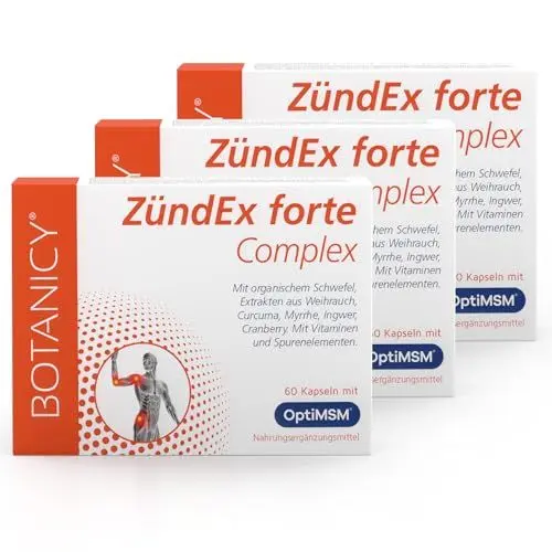 Produktbild: BOTANICY Zündex Forte Complex 3er Pack - OptiMSM Hochdosiert, Extrakt aus Boswellia Serrata Weihrauch, Curcuma, Myrrhe, Ingwer & Cranberry - Plus Vitamine & Spurenelemente - 180 MSM Kapseln
