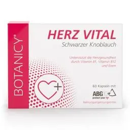 Produktbild: BOTANICY Herz Vital - 60 Schwarzer Knoblauch Kapseln - ABG10+ Extrakt mit S-Allyl Cystein - Herz, Blutdruck, Gefäße - Plus Eisen, Vitamine B1, B9, B12 & K1 - Hohe Bioverfügbarkeit, Geruchlos, Vegan