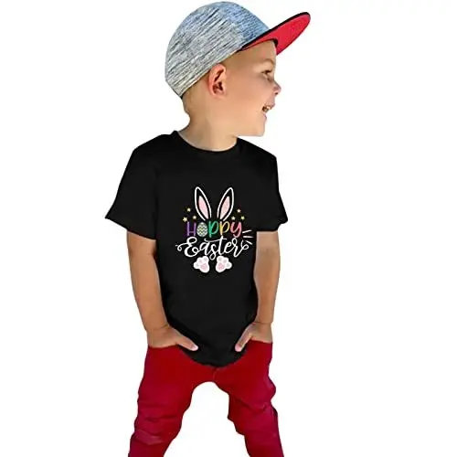 Produktbild: BOTCAM 17 Ärmel Tops T Short Kinder T-Shirt Ostern Baby Shirts Häschen Mädchen Shirts Happy Letter Years Kleinkind Tops Schwarz T Shirt (Black, 5-6 Years)