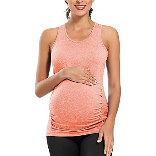 Produktbild: BOTCAM Damen Layering Umstands-Tanktop Schwangerschaftsshirt U-Ausschnitt ärmellose Geraffte Weste Damen Langarmshirt 44 (Orange, M)