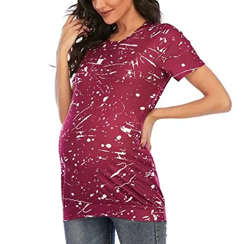 Produktbild: BOTCAM Damen Rundhals Kurzarm Umstandsoberteile Shirts Floral Mama Schwangerschaft Blusen Kleidung Schwangerschaftskleider Fotoshooting Kurz (Red, L)