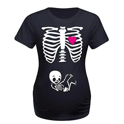 Produktbild: BOTCAM Frauen T-Shirt lässige Skelett-Druck MutterschaftsÄrmel Kurze Schwangere Töpfe Kleidung Mutterschaftsbluse Kleidung Für Schwangere (Black, XXL)