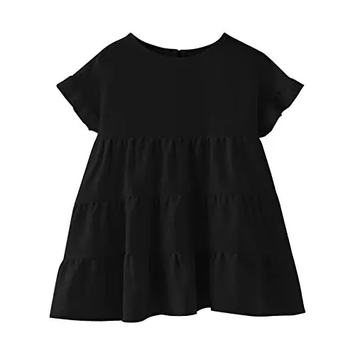 Produktbild: BOTCAM Kleinkind Mädchen T-Shirts Rüschen Kurzarm Rundhals Lose Bluse Einfarbig Casual Mädchen T-Shirt Tops Weißes Hemd (Black, 9-10 Years)