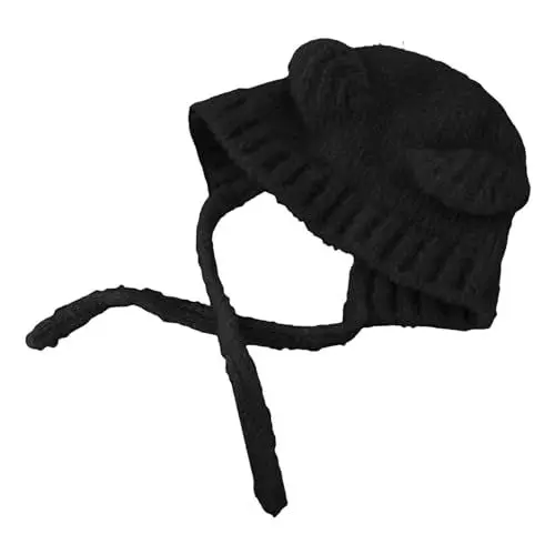 Produktbild: BOTCAM Ohrschnürmütze für Damen, einfarbig, mit Bärenohren-Dekor, Strickmütze, tägliches Zubehör Trapper Mütze Damen (Black, One Size)