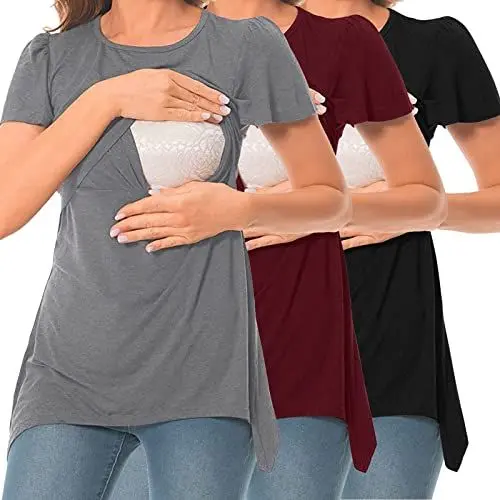 Produktbild: BOTCAM Umstands-T-Shirt mit unregelmäßigem Saum, lässig, kurzärmlig, Rundhalsausschnitt, Basic-Still-T-Shirt, Top zum Stillen, 3er-Pack Wickelbluse 44 (Black, XL)
