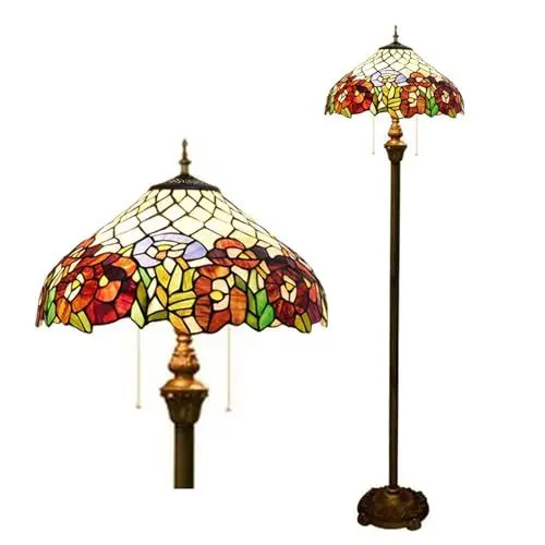 Produktbild: BOTOWI Tiffany Stehlampe Rot Orange Rose Buntglas Stehende Leseleuchte 16X16X65 Zoll Antik Pole Eckleuchte Dekor Schlafzimmer Wohnzimmer Hochzeitszimmer Büro Villa,Rot