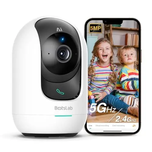 Produktbild: BOTSLAB 5MP Überwachungskamera Innen, 3K Babyphone mit Kamera, 2.4Ghz/5Ghz WLAN IP Kamera mit Bewegungserkennung & KI-Personenerkennung, Nachtsicht, 2-Wege Audio, Hunde Kamera, Kompatibel mit Alexa