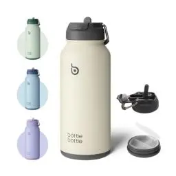 Produktbild: BOTTLE BOTTLE Edelstahl Trinkflasche 1L mit Strohhalm Thermoskanne Sport Auslaufsicher Isolierflasche Design für Fitnessstudio, mit Pillendose (Grau)