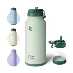 Produktbild: BOTTLE BOTTLE Edelstahl Trinkflasche 1L mit Strohhalm Thermoskanne Sport Auslaufsicher Isolierflasche Design für Fitnessstudio, mit Pillendose (Grün)
