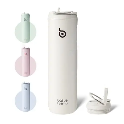 Produktbild: BOTTLE BOTTLE Isolierte Trinkflasche 680 ml(24oz) mit Strohhalm, Deckel und Griff für Sport, Reise, Fitnessstudio, Edelstahl-Wasserflasche, doppelwandig Metall-Thermosflasche auslaufsicher (Pink)