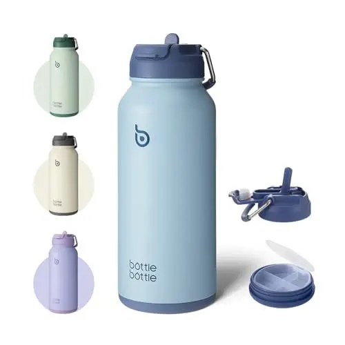 Produktbild: BOTTLE BOTTLE Edelstahl Trinkflasche 1L mit Strohhalm – Auslaufsichere Isolierflasche für Sport & Fitnessstudio, mit Pillenfach, BPA-frei, doppelwandig (Blau)
