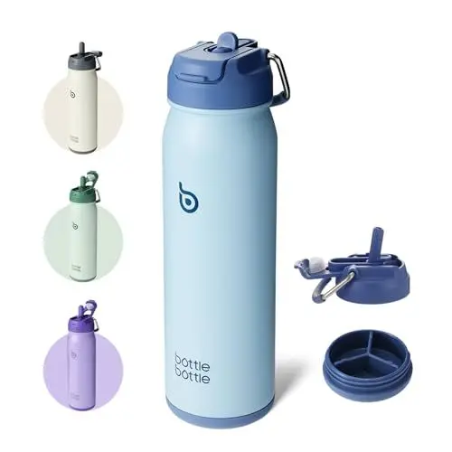 Produktbild: bottlebottle Edelstahl Trinkflasche 24oz(709ml) mit Strohhalm Griff und Pillenfach für Outdoor Schule, isolierte sportflasche (Blau)