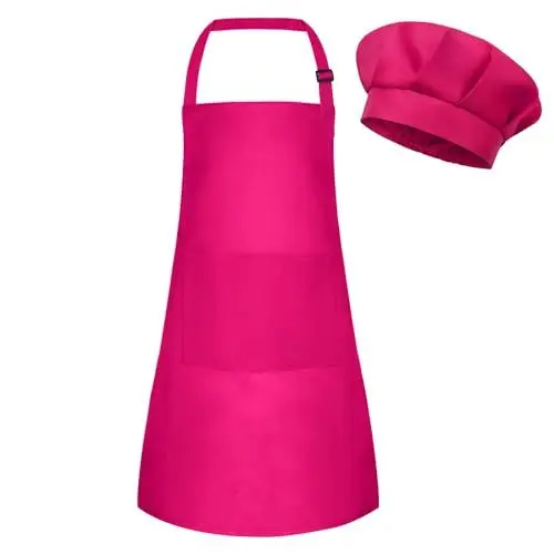 Produktbild: BOUBONI Kinder Schürze und Kochmütze Set Verstellbare Kinder Kochschürze mit 2 Taschen Kleinkind-Kochmütze und Schürze zum Kochen Backen und Malen (Rosenrot)
