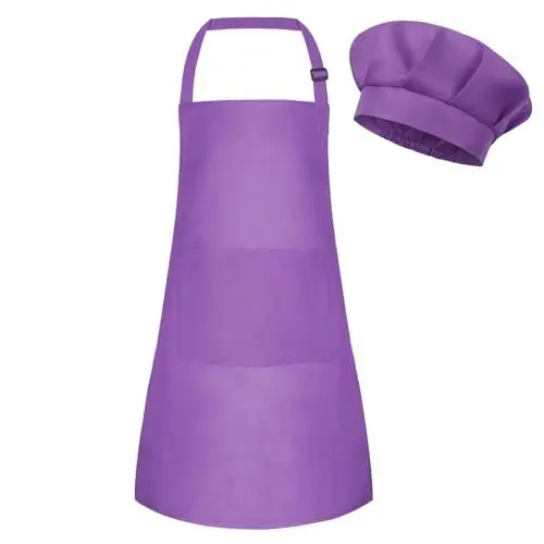Produktbild: BOUBONI Kinder Schürze und Kochmütze Set Verstellbare Koch-Kunstschürze mit 2 Taschen Kleinkind-Kochmütze und Schürze zum Kochen Backen und Malen (Lila)