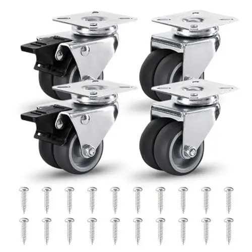 Produktbild: BOUDOI 4 Stück Möbelrollen, 50 mm Doppel Lenkrolle mit Bremse, Schwerlastrollen mit Bremse bis 100 kg pro Rad, Lenkrollen klein für viele Bodenarten-20 Schrauben