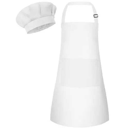 Produktbild: Bouiexye Kinder Schürze und Kochmütze Set Verstellbare Kinder Kinderschürze Bemalen Schürze Küchenschürze Bastelschürzen mit 2 Taschen zum Malen Backen Kochen (Weiß)