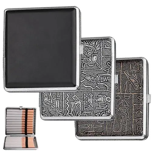 Produktbild: Boutihao 3 Stück Zigarettenetui Leder Metall, Zigarettencase mit Schnappverschluss, Zigarettenbox PU für 20 Zigaretten mit Gummiband, für Männer Frauen Geschenk, 9 x 9 x 1.8cm