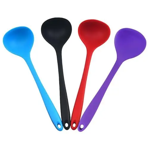 Produktbild: Boutihao 4 Stück Multifunktional Silikon Schöpfkelle Mit Rundem Aufhängeloch, Hitzebeständigkeit Schöpflöffel 21cm BPA-frei Spülmaschinenfest (Blau, Rot, Lila, Schwarz)