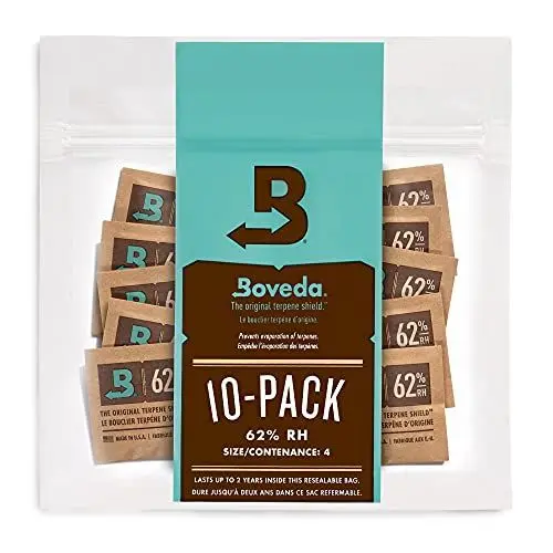 Produktbild: Boveda zur Aufbewahrung von Kräutern | 2-Wege-Feuchtigkeitsregulierung mit 62% relativer Feuchtigkeit | Größe 4 schützt bis zu 15 g Blüten | verhindert den Verlust von Terpenen | 10 Stück