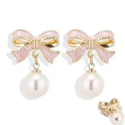 Produktbild: Bow Earrings Schleifen Ohrringe Gold für Damen Perlenohrringe Schleife Perlen Ohrringe Süße Rosa Schmuck für Women Ein tolles Geschenk für Frauen（mit Box）