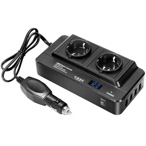 Produktbild: BOWEICORE Auto Spannungswandler 200W, mit 2 Steckdosen und 4 USB Auto ladegerät, Wechselrichter DC 12V auf AC 230V mit Zigarettenanzünderstecker, für Auto Camping Laden von Handys, Laptops