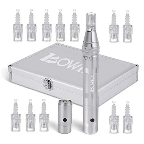Produktbild: BOWKA Elektrischer Derma Pen Microneedling Pen inkl. 12 Stück Mikro Nadelpatrone kabellos Wiederaufladbar verstellbar von 0,25 bis 2,5 mm (silber)
