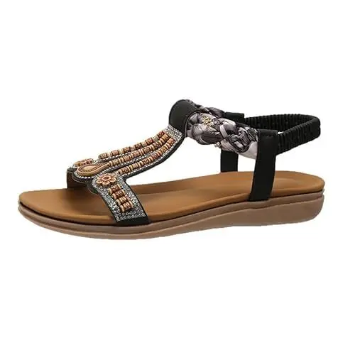 Produktbild: Boxhandschuhe Kinder 2024 Women's Sandals Bohemian Pearl Diamond Elastic Shoes Flats Comfortable Bottomed Oversized Flat Sandal Vacation Work J-416 Black 6