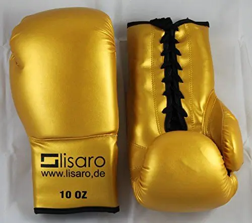 Produktbild: Lisaro Boxhandschuhe aus Kunstleder für Kickboxen, Kampfsport, Karate, Profi Boxhandschuhe Farbe: Gold 10 oz mit schnür
