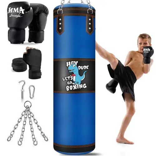 Produktbild: Boxsack für Kinder Hängend Schwerer mit Boxhandschuhen für Kinder 3-12 Jahre MMA Kickboxen Karate Muay Thai Kämpfen Zuhause Turnhalle Taekwondo Ausbildung (Ungefüllt)