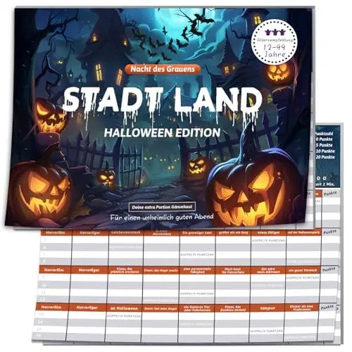 Produktbild: BOYATONG Halloween Spiele, Halloween Horror Edition Spiel, Mitgebsel Kinder und Erwachsene, Gruselig Edition Familienspiel, Stadt Land Fluss, für Halloween Party, 50 Blatt
