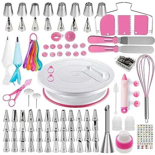 Produktbild: Boyun Kuchendekorationsset, 137-teiliges Kuchendekorationszubehör mit Kuchen-Drehteller zum Dekorieren, Spritzbeutel, russische Spritztüllen, Backwerkzeuge, Kuchenbackzubehör für Anfänger (Rosa)