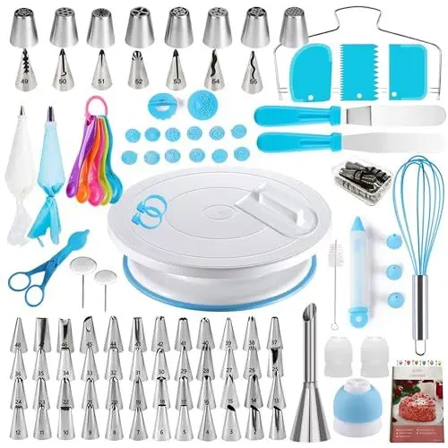 Produktbild: Boyun Torten Zubehör Set, 137-teiliges Kuchendekorationszubehör mit Kuchen-Drehteller zum Dekorieren, Spritzbeutel, russische Spritztüllen, Backwerkzeuge, Kuchenbackzubehör für Anfänger (blau)