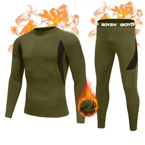 Produktbild: Boyzn Herren Thermounterwäsche Sets, Winter atmungsaktive Thermounterwäsche Sets, Funktionsunterwäsche Winter Unterteil Oberteil und Unterteil Army Green-2XL