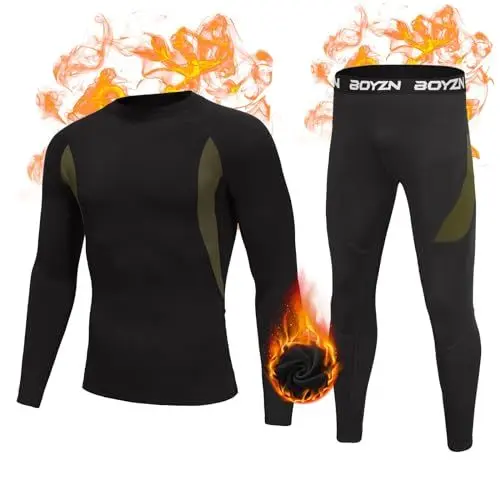 Produktbild: Boyzn Herren Thermounterwäsche Sets, Winter atmungsaktive Thermounterwäsche Sets, Funktionsunterwäsche Winter Unterteil Oberteil und Unterteil Black-L