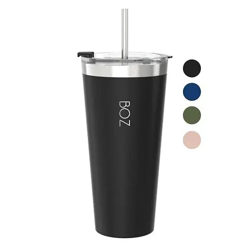 Produktbild: BOZ Trinkbecher mit Deckel und Strohhalm - Kaffeebecher To Go 650 ml – Becher mit Strohhalm – Auslaufsicher & Spülmaschinenfest – Isolierbecher 4h heiß & 8h kalt – Trinkbecher Schwarz