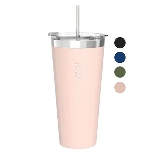 Produktbild: BOZ Trinkbecher mit Deckel und Strohhalm - Kaffeebecher To Go 650 ml – Becher mit Strohhalm – Auslaufsicher & Spülmaschinenfest – Isolierbecher 4h heiß & 8h kalt – Rosa
