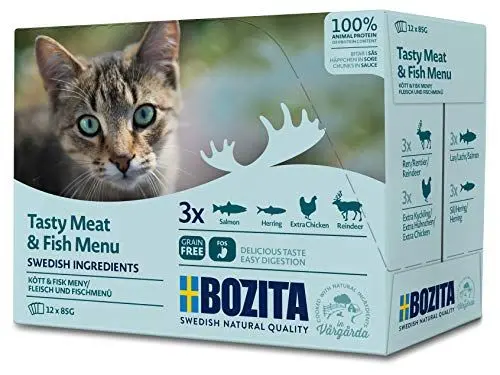 Produktbild: BOZITA Multibox Mixpack Lachs, Hering, viel Huhn, Rentier - Häppchen in Soße 12x85g Pouch Portionsbeutel - getreidefreies Nassfutter für erwachsene Katzen