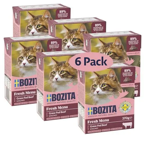 Produktbild: Bozita Tetra Nassfutter mit Rinderhack in Gelee – 6x370g getreidefreies, zuckerfreies Katzenfutter – ohne Gentechnik, mit 7,5% Protein, 5% Fett – vollwertig & ausgewogen für Feinschmecker
