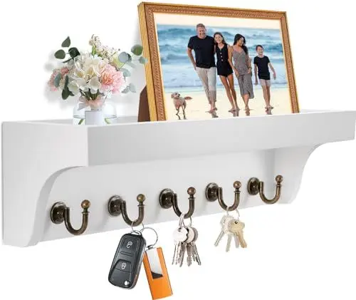Produktbild: BQHRJG Schlüsselbrett mit Ablage,haben Schlüsselbrett Holz mit 5 Haken, geeignet für Eingangsbereich, Flur, Schlafzimmer und Wohnzimmer von Schlüsselbrett Weiss