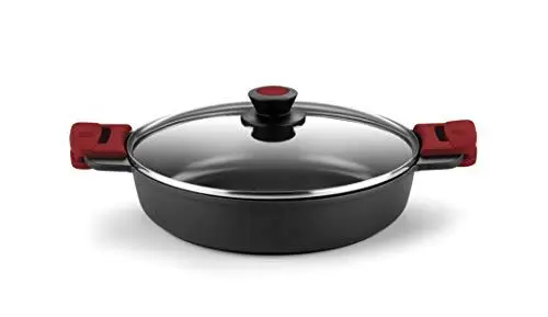 Produktbild: BRA Premiere | Niedriger Schmortopf 36 cm, Aluminiumguss, dreischichtig, verstärkte Antihaftbeschichtung, 2 abnehmbare Silikongriffe, für alle Herdarten einschließlich Induktion geeignet, Farbe Rot