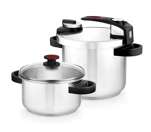 Produktbild: BRA Tekna | Leicht zu öffnendes Schnellkochtopf-Set 4+7 Liter, aus Edelstahl 18/10, mit 2 Kochprogrammen und Öffnungssperrsystem, geeignet für alle Küchentypen