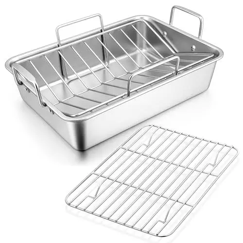 Produktbild: Bräter mit Rost, 35,8 x 26,7 x 9 cm, Joyfair Edelstahl Auflaufform mit Abkühlgitter und V-Form Gitterrost, Rechteckig Schwedenschale mit Griffen für Truthähne/Fleisch/Gemüse - 3 Stück