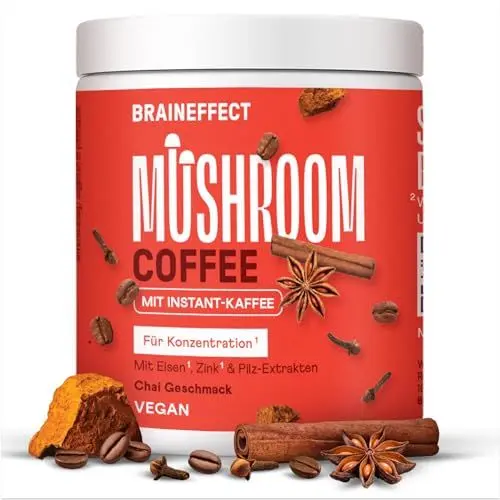 Produktbild: BRAINEFFECT Mushroom Coffee - Instant Löslische Kaffee mit Extra Fokus-Zutaten Löwenmähne, Chaga, Eisen und Zink - Arabica Pilzkaffee Hochdosiert - 30 Portionen
