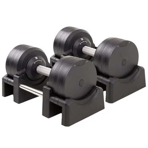 Produktbild: BRAINGAIN Verstellbares Hantelset 23,5 kg / 32,5 kg / 41,5 kg – Mehrere Gewichte in Einem – Gewichtswechsel in 1 Sekunde – Platzsparendes Fitnessgerät – Chrom/Schwarz